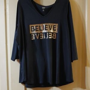 Catherines Blue Long Sleeve Top with Silver Sequin 'Believe' Design